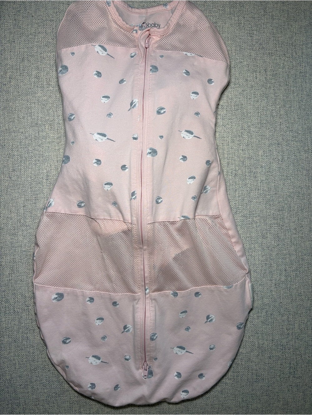 Soft Pink Baby Sleep Sack with Gray Bird Print and Front Zip